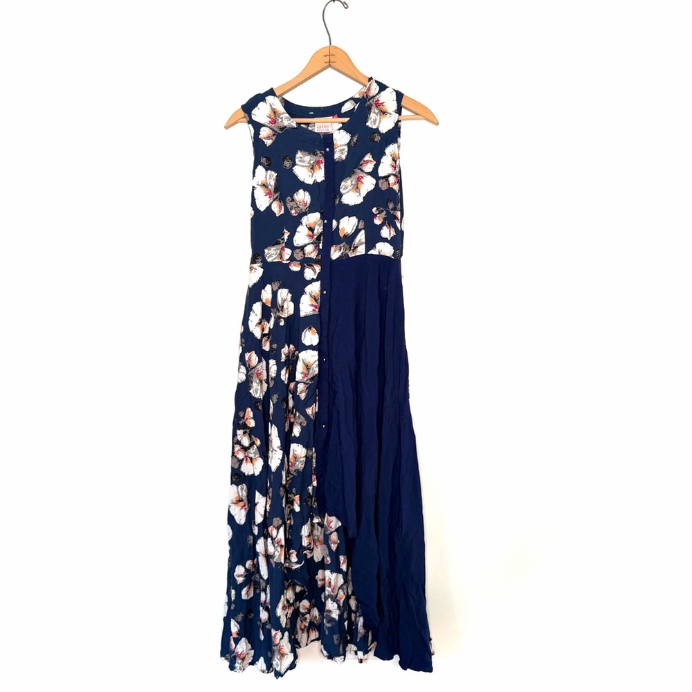 Neeru Kumar Blue Floral Sleeveless Button Down High Low Hem Dress Size Medium